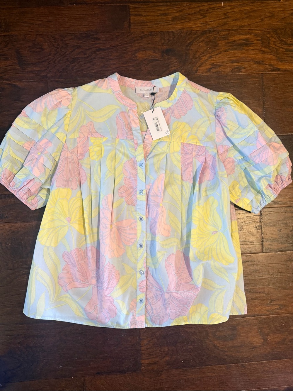 Sugarlips Pastel Floral Button-Front Puff Sleeve Blouse - Yellow/Pink/Blue